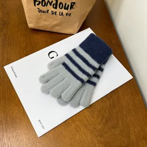 Women winter warm striped knit gloves, thick cold-weather touchscreen five-finger mittens.