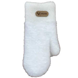Women winter warm plush mittens thick fleece lined white solid color outdoor cycling gloves