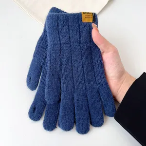 Close-up detail view of blue knitted thermal full finger winter gloves with coordinate label.