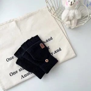 Men's winter warm knit convertible half-finger gloves in solid black with button flip top.