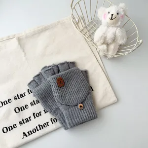 Men winter warm knitted convertible half finger gloves in solid gray color office daily use.