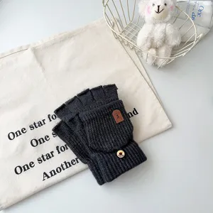 Men's winter knitted half-finger convertible gloves solid color warm office texting gloves