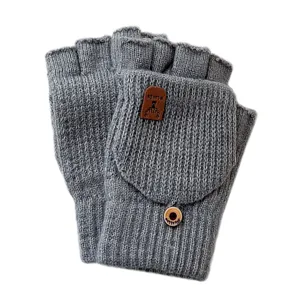 Men's convertible knit half finger gloves winter warm thermal solid color grey mitts