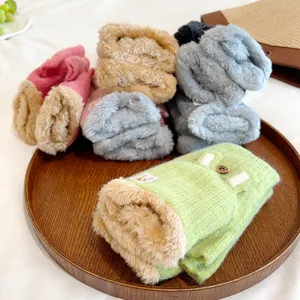 Cute fuzzy fleece-lined half-finger convertible gloves, thick warm winter knit mittens.