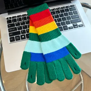 Women winter warm knit gloves colorful rainbow striped fingerless touchscreen gloves stylish