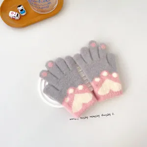 Children cute cat paw knit gloves winter warm five finger gloves grey and pink