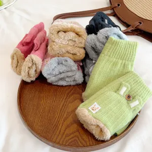 Cute Korean style half-finger fleece lined winter gloves, convertible flip design for women.