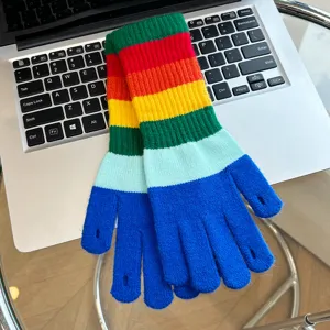Women winter warm rainbow striped knitted gloves touchscreen fingerless wool mittens