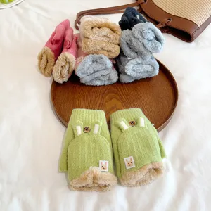 Women winter cute rabbit ear knit half finger convertible gloves warm thick mittens