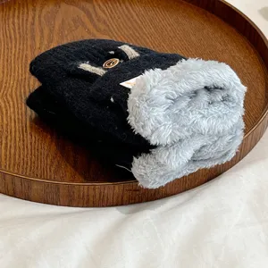 Winter fleece lined convertible half finger gloves for women, cozy knitted thermal mittens.