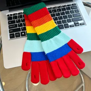 Colorful rainbow striped knit gloves detail, winter warm fingerless touchscreen gloves for women.