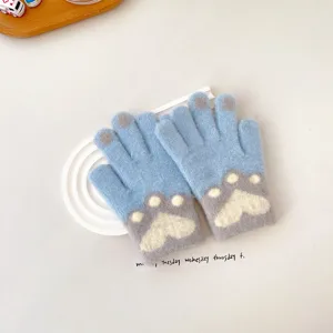 Kids knitted warm gloves winter cute cat paw design thick wool five finger mittens