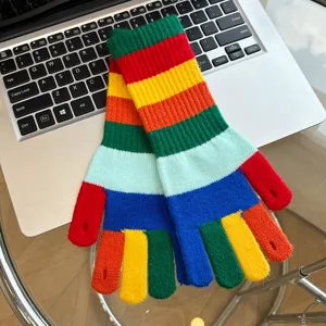 Colorful striped knit touch screen gloves detail, winter warm fingerless woolen gloves display.
