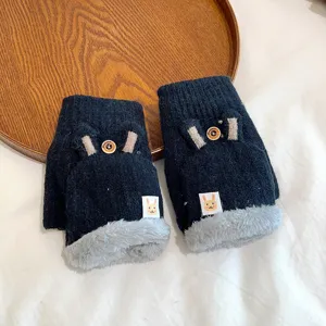 Women winter warm knit half finger gloves fleece lined cute rabbit design flip convertibles
