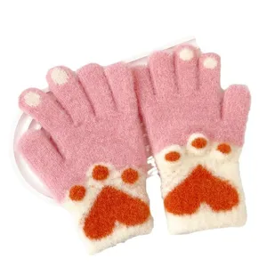 Cute kids winter warm knitted gloves with pink heart paw print design, thick and cozy.