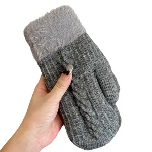 Women winter warm thick cable knit mittens with soft plush cuff for cold weather days