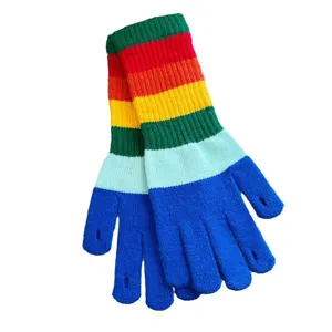 Women's winter knit gloves, rainbow striped cuff, touchscreen half finger design warm.