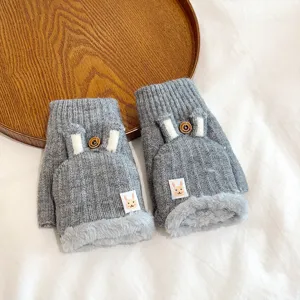 Grey winter knitted half-finger gloves with fleece lining, cute rabbit tag and flip-top design.