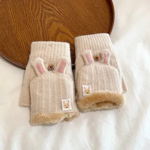 Cute rabbit design knit half finger gloves, plush lined winter warm convertible flip mittens.