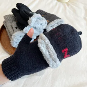 Men's Winter Warm Knit Gloves Acrylic Fleece Lined Half Finger Flip Top Thermal Gloves Touchscreen Fashion Mittens