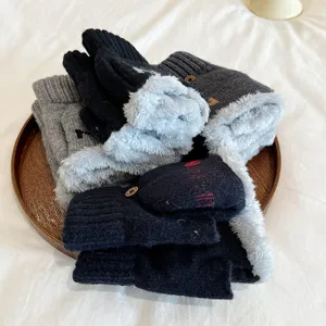 Men's fleece lined knit convertible gloves winter warm half finger mittens detail view