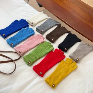Solid color knit gloves for women, warm winter thermal touch screen wrist gloves detailed view.