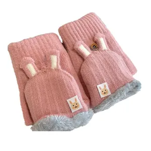 Cute pink knitted convertible gloves with rabbit ears for women winter warm half finger mittens.