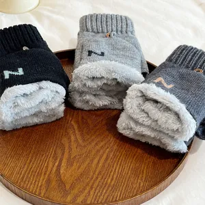 Men's winter thick fleece-lined knit convertible half-finger gloves warm solid color
