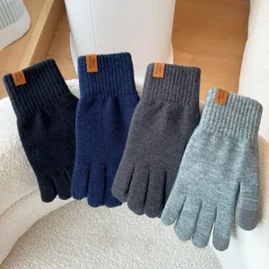 Men Winter Warm Knit Gloves Touch Screen Full Finger Business Casual Solid Color Acrylic Gloves For Cycling Commuting