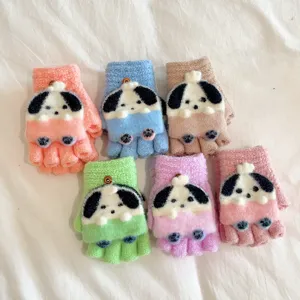 Cute cartoon puppy knitted half finger gloves for kids winter warm flip cover mittens detail.