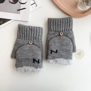 Men winter warm knit gloves half finger flip top grey fleece lined fashion cozy winter gloves