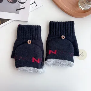 Men winter knit warm gloves, half finger flip cover design with cozy fleece lining details.