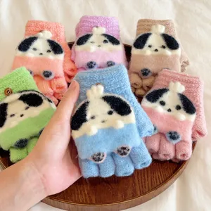 Cute cartoon puppy knit half finger flip warm gloves detail showing multi colors.