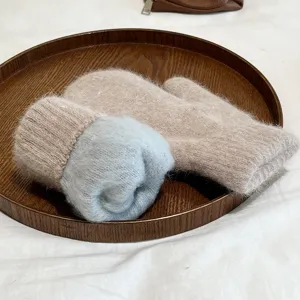 Plush winter mittens detail view, cozy double-layer thickened fleece knit gloves for women!