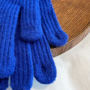 Close-up detail of royal blue women knitted touchscreen warm gloves, soft cozy wool texture.