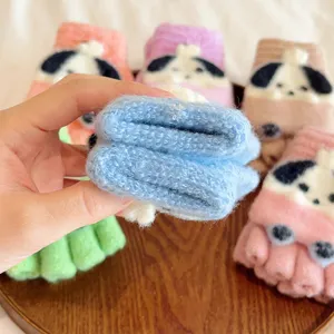 Cute cartoon puppy knit half-finger gloves, warm thick winter flip-top mittens for kids.