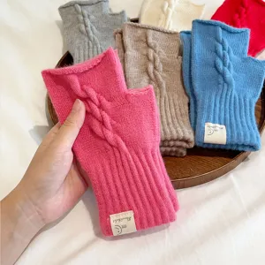 Women's winter cable knit fingerless gloves warm solid color woolen half finger gloves