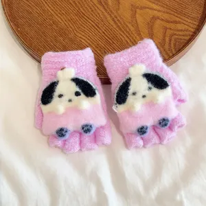 Cute pink knit half-finger gloves for kids winter warm sweet cartoon puppy design