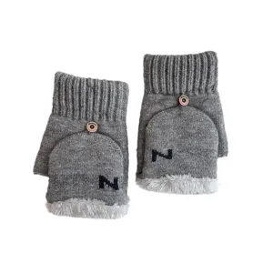 Mens winter warm knit gloves fleece lined half finger convertible mittens in grey color