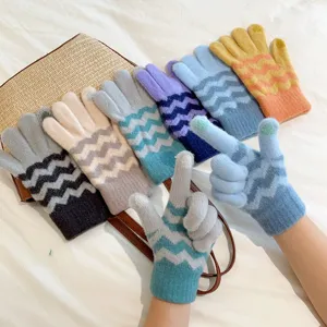 Women winter knitted touch screen gloves warm wave stripes multi-color fashion wear
