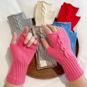 Women winter knitted cable fingerless gloves solid color warm fashion wrist warmer 1 pair