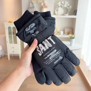 Close-up detail of black winter ski gloves, thick fleece-lined waterproof thermal design.