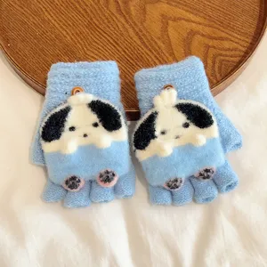 Cute cartoon puppy knitted half-finger gloves for kids winter warm fingerless mittens