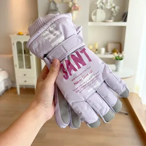 Winter thick warm ski gloves with letter print, windproof non-slip fleece five-finger design.
