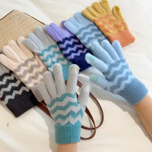 Women winter warm knit gloves touch screen wave stripe colorful fashion stylish soft thermal