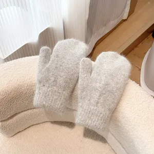 Cozy rabbit hair winter mittens, thick warm knit mittens for women, cute solid color detail.