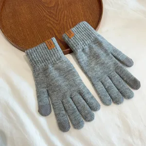 Men's winter knitted warm touchscreen gloves, solid color business thermal cycling gloves.