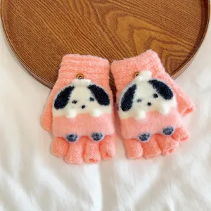 Cute cartoon puppy knit half-finger flip cover warm gloves for kids winter outdoor daily wear.