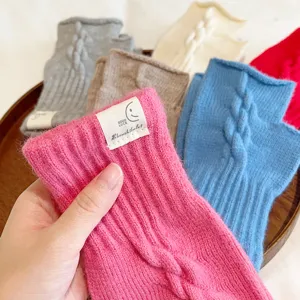 Korean style knitted fingerless gloves for women, winter warm cable knit solid color hand warmers.