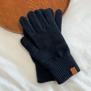 Men winter solid color knit warm gloves business casual touch screen full finger cold proof
